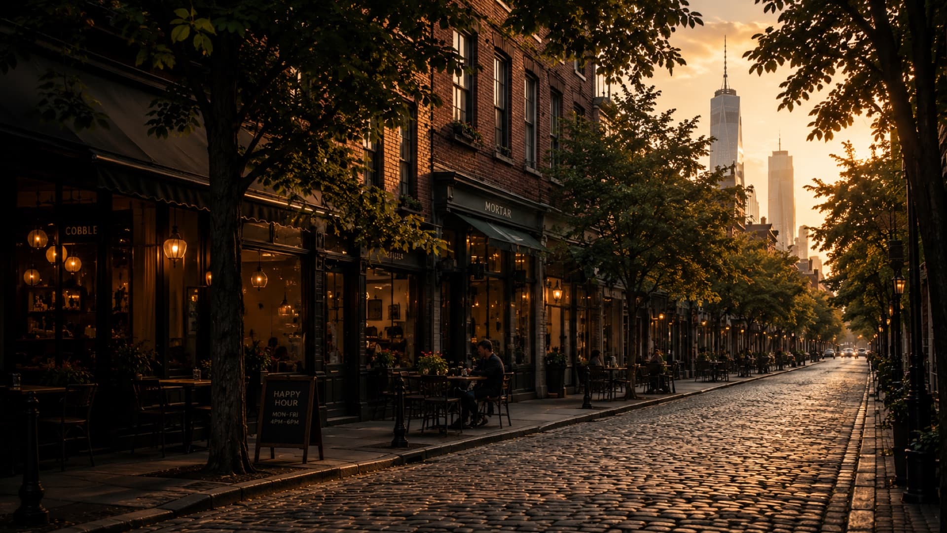 A cobblestone street of brick storefronts and restaurants at golden hour