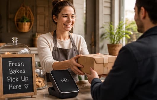 A baker handing over an order beside a card reader