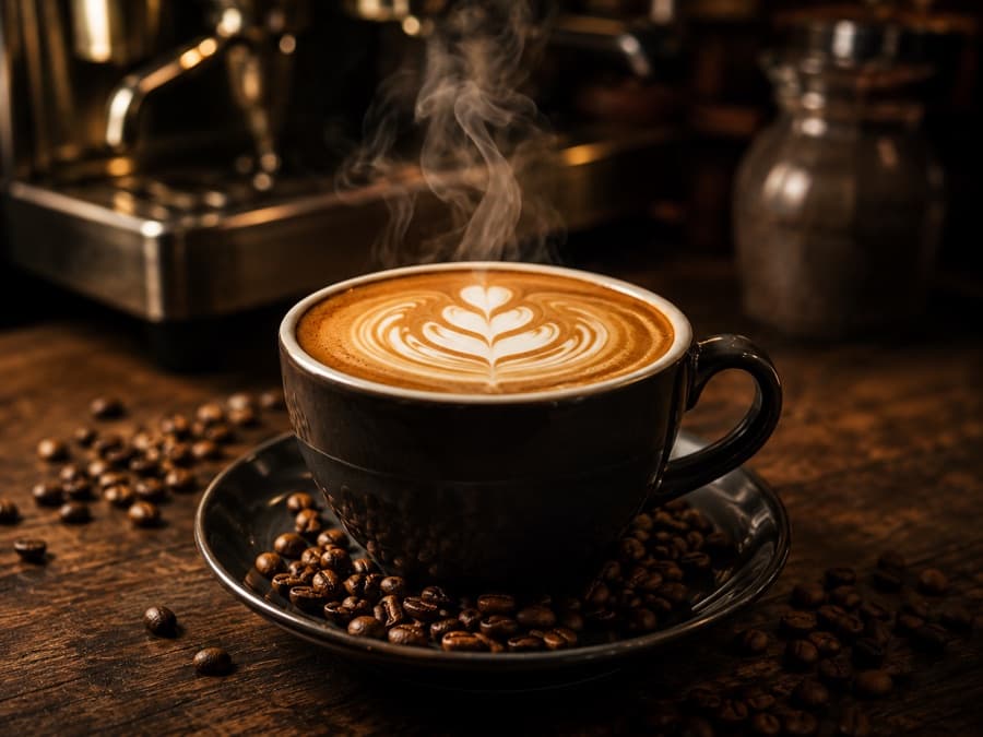 A latte with leaf art on a saucer among coffee beans by an espresso machine