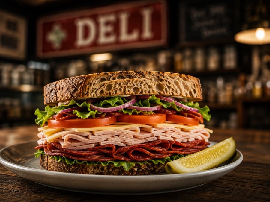 A tall deli sandwich on a plate in front of a red DELI sign