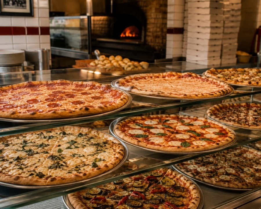 Whole pizzas lined up in a glass counter in front of a pizza oven
