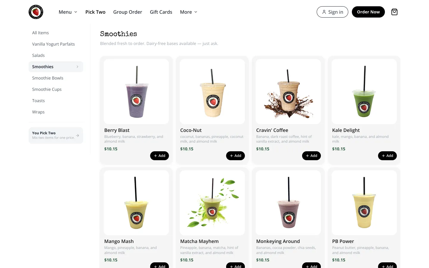 Nella's Nutri-Bar's smoothies page on her Cobble storefront
