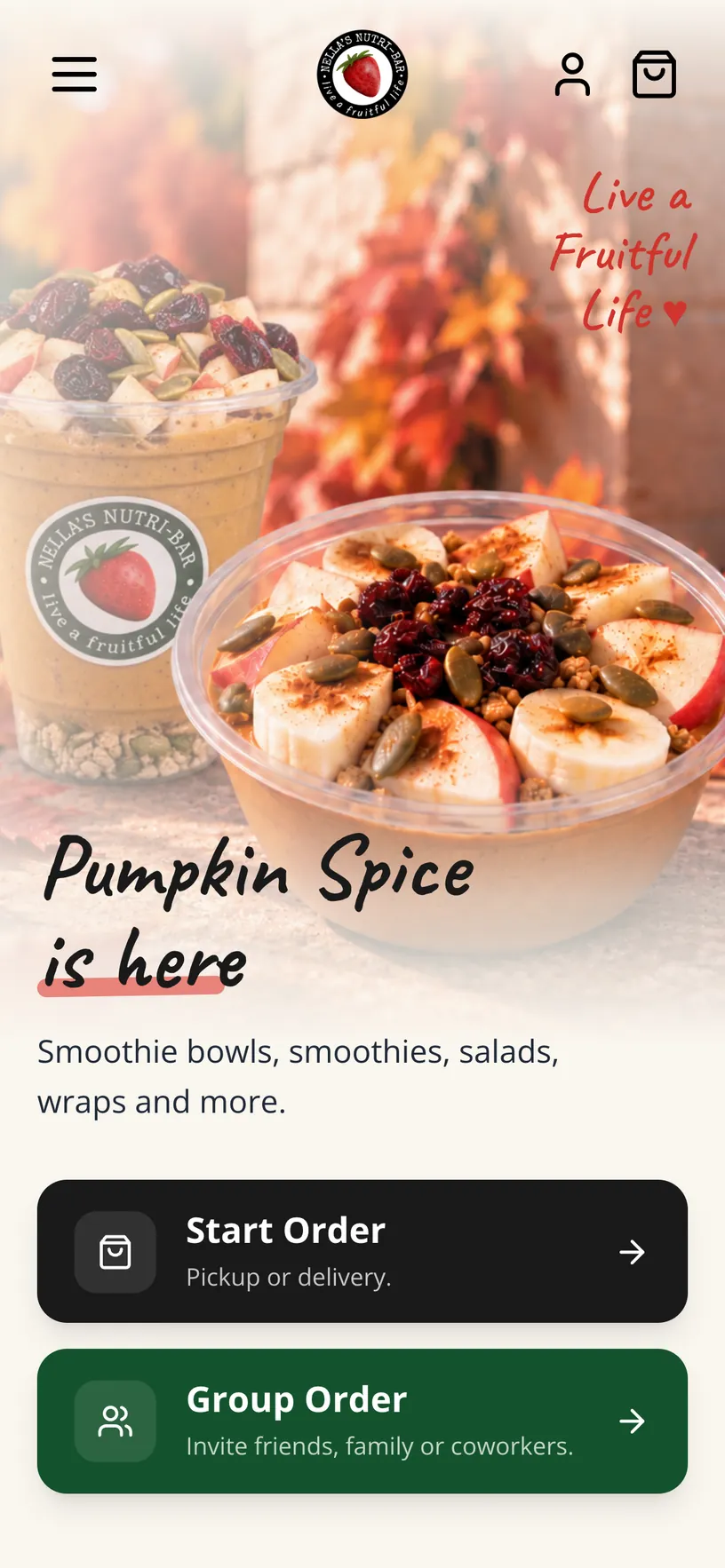 Nella’s Nutri-Bar’s storefront home page, with Start Order and Group Order